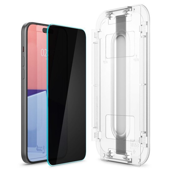 Set 2 folii sticla cu sistem de montare Case friendly Spigen GLAStR EZ FIT compatibil cu iPhone 15 Plus / 16 Plus Privacy (Ingredi, AGL06885) by www.silkase.ro