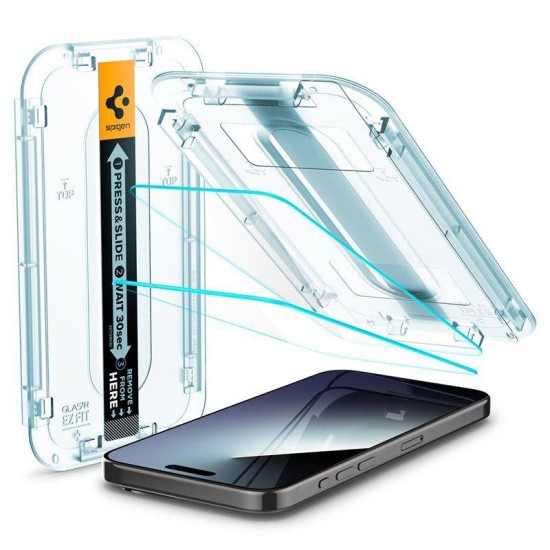 Folie pentru iPhone 15 Pro (set 2) - Spigen Glas.tR EZ FIT - Clear (Ingredi, AGL06892) by www.silkase.ro