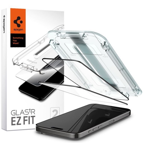 Set 2 folii sticla cu sistem de montare Spigen GLAStR EZ FIT compatibil cu iPhone 15 Pro Black (Ingredi, AGL06893) by www.silkase.ro