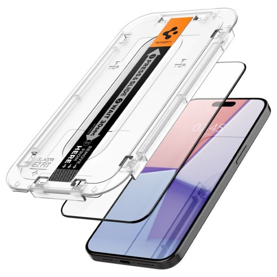 Set 2 folii sticla cu sistem de montare Spigen GLAStR EZ FIT compatibil cu iPhone 15 Pro Black (Ingredi, AGL06893) by www.silkase.ro
