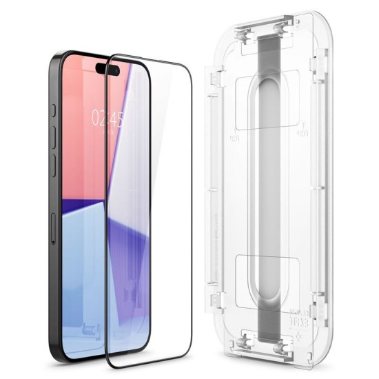 Set 2 folii sticla cu sistem de montare Spigen GLAStR EZ FIT compatibil cu iPhone 15 Pro Black (Ingredi, AGL06893) by www.silkase.ro