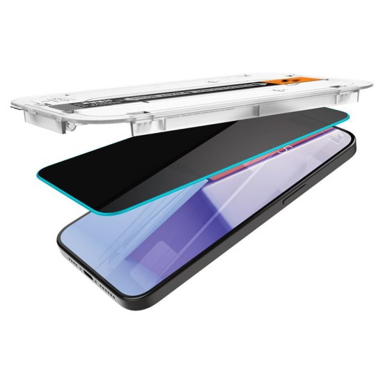 Set 2 folii sticla cu sistem de montare Case friendly Spigen GLAStR EZ FIT compatibil cu iPhone 15 Pro Privacy (Ingredi, AGL06894) by www.silkase.ro