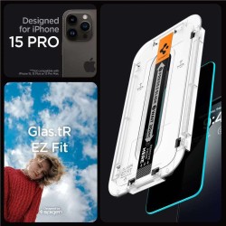 Set 2 folii sticla cu sistem de montare Case friendly Spigen GLAStR EZ FIT compatibil cu iPhone 15 Pro Privacy