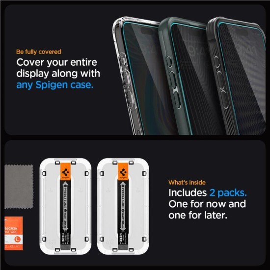 Set 2 folii sticla cu sistem de montare Case friendly Spigen GLAStR EZ FIT compatibil cu iPhone 15 Pro Privacy (Ingredi, AGL06894) by www.silkase.ro