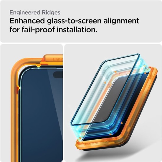 Set 2 folii sticla cu sistem de montare Case friendly Spigen ALM Glass FC compatibila cu iPhone 15 Pro Black (Ingredi, AGL06895) by www.silkase.ro