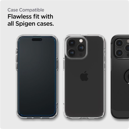 Set 2 folii sticla cu sistem de montare Case friendly Spigen ALM Glass FC compatibila cu iPhone 15 Pro Black (Ingredi, AGL06895) by www.silkase.ro