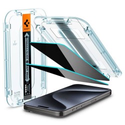 Folie sticla cu sistem de montare Case friendly Spigen GLAStR EZ FIT compatibila cu iPhone 15 Pro Privacy