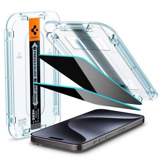 Folie sticla cu sistem de montare Case friendly Spigen GLAStR EZ FIT compatibila cu iPhone 15 Pro Privacy (Spigen, Ingredi) by www.silkase.ro Folie sticla cu sistem de montare Case friendly Spigen GLAStR EZ FIT compatibila cu iPhone 15 Pro Privacy (Ingredi, AGL07120) by www.silkase.ro