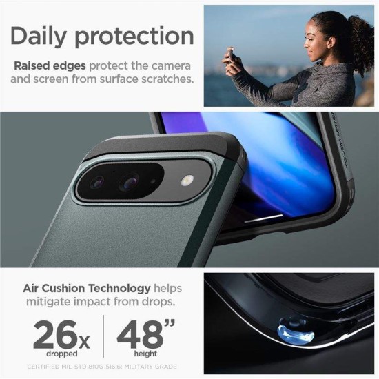Husa Spigen Tough Armor pentru  Google Pixel 9 Pro/Pixel 9, verde metalic (Pixel 9 Pro, ACS07694) by www.silkase.ro
