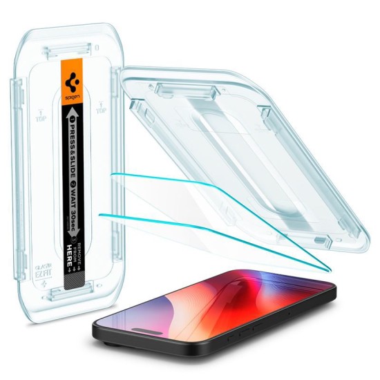 Set 2 folii sticla cu sistem de montare Case friendly Spigen GLAStR EZ FIT compatibil cu iPhone 16 Pro Max (Ingredi, AGL07907) by www.silkase.ro