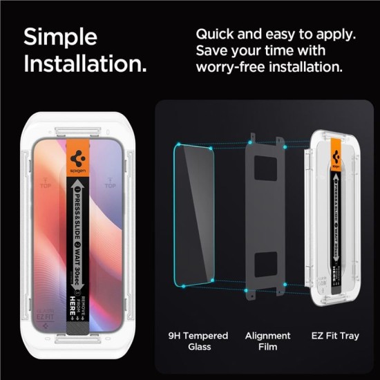 Set 2 folii sticla cu sistem de montare Case friendly Spigen GLAStR EZ FIT compatibil cu iPhone 16 Pro Max (Ingredi, AGL07907) by www.silkase.ro