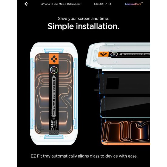 Set 2 folii sticla cu sistem de montare Case friendly Spigen GLAStR EZ FIT compatibil cu iPhone 16 Pro Max (Ingredi, AGL07907) by www.silkase.ro