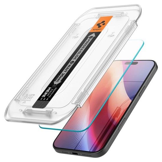 Set 2 folii sticla cu sistem de montare Case friendly Spigen GLAStR EZ FIT compatibil cu iPhone 16 Pro Max (Ingredi, AGL07907) by www.silkase.ro