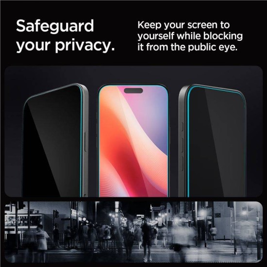 Set 2 folii sticla cu sistem de montare Case friendly Spigen GLAStR EZ FIT compatibil cu iPhone 16 Pro Max Privacy (Ingredi, AGL07908) by www.silkase.ro