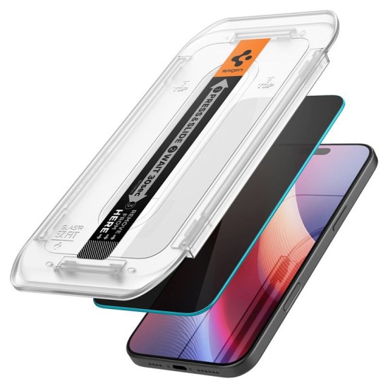 Set 2 folii sticla cu sistem de montare Case friendly Spigen GLAStR EZ FIT compatibil cu iPhone 16 Pro Max Privacy (Ingredi, AGL07908) by www.silkase.ro
