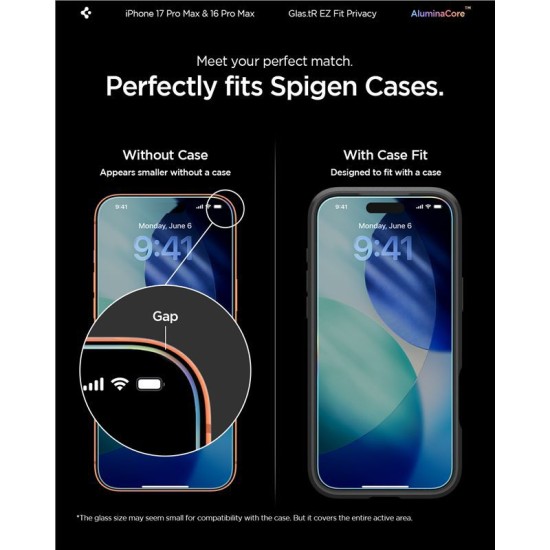 Set 2 folii sticla cu sistem de montare Case friendly Spigen GLAStR EZ FIT compatibil cu iPhone 16 Pro Max Privacy (Ingredi, AGL07908) by www.silkase.ro