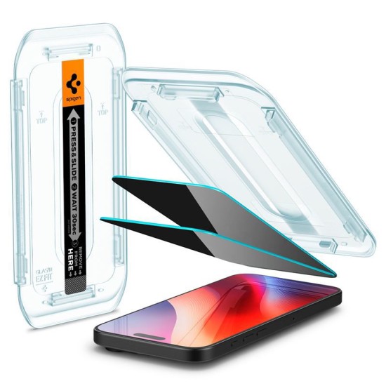 Set 2 folii sticla cu sistem de montare Case friendly Spigen GLAStR EZ FIT compatibil cu iPhone 16 Pro Privacy (Ingredi, AGL07929) by www.silkase.ro