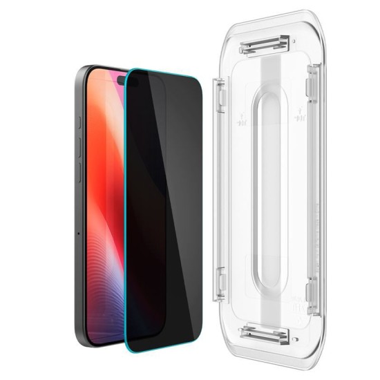 Set 2 folii sticla cu sistem de montare Case friendly Spigen GLAStR EZ FIT compatibil cu iPhone 16 Pro Privacy (Ingredi, AGL07929) by www.silkase.ro