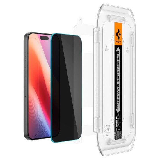 Set 2 folii sticla cu sistem de montare Case friendly Spigen GLAStR EZ FIT compatibil cu iPhone 16 Pro Privacy (Ingredi, AGL07929) by www.silkase.ro