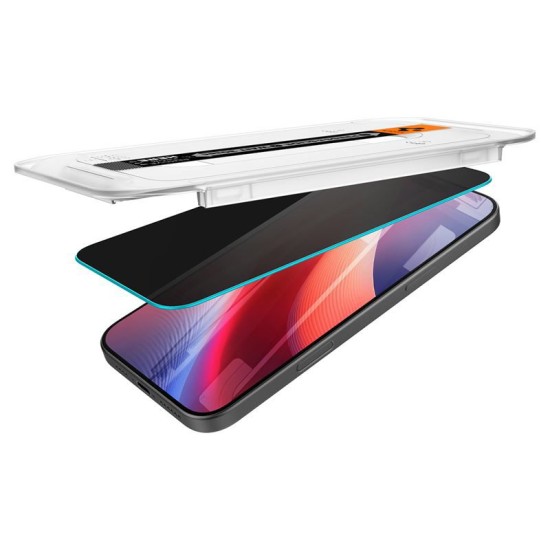 Set 2 folii sticla cu sistem de montare Case friendly Spigen GLAStR EZ FIT compatibil cu iPhone 16 Pro Privacy (Ingredi, AGL07929) by www.silkase.ro