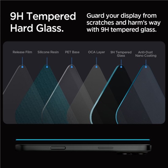 Set 2 folii sticla cu sistem de montare Case friendly Spigen GLAStR EZ FIT compatibil cu iPhone 16 Pro Privacy (Ingredi, AGL07929) by www.silkase.ro