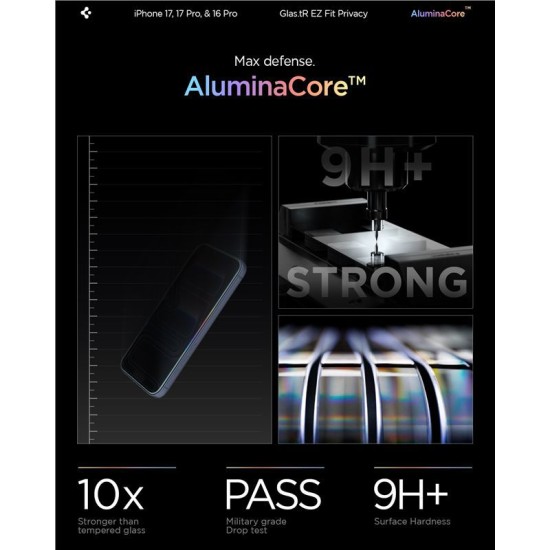 Set 2 folii sticla cu sistem de montare Case friendly Spigen GLAStR EZ FIT compatibil cu iPhone 16 Pro Privacy (Ingredi, AGL07929) by www.silkase.ro