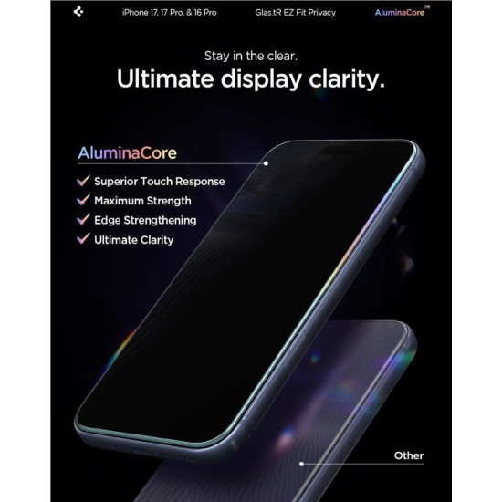 Set 2 folii sticla cu sistem de montare Case friendly Spigen GLAStR EZ FIT compatibil cu iPhone 16 Pro Privacy (Ingredi, AGL07929) by www.silkase.ro