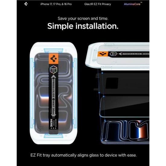 Set 2 folii sticla cu sistem de montare Case friendly Spigen GLAStR EZ FIT compatibil cu iPhone 16 Pro Privacy (Ingredi, AGL07929) by www.silkase.ro