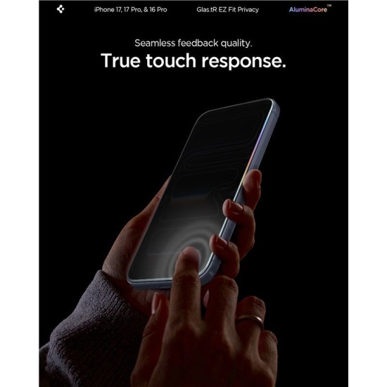 Set 2 folii sticla cu sistem de montare Case friendly Spigen GLAStR EZ FIT compatibil cu iPhone 16 Pro Privacy (Ingredi, AGL07929) by www.silkase.ro