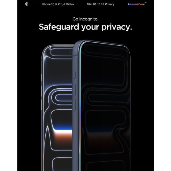 Set 2 folii sticla cu sistem de montare Case friendly Spigen GLAStR EZ FIT compatibil cu iPhone 16 Pro Privacy (Ingredi, AGL07929) by www.silkase.ro