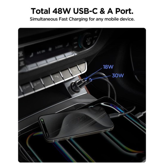 Incarcator auto Spigen EV482 ArcStation, USB/USB-C, 48W, Negru (Incarcatoare, ACP08447) by www.silkase.ro