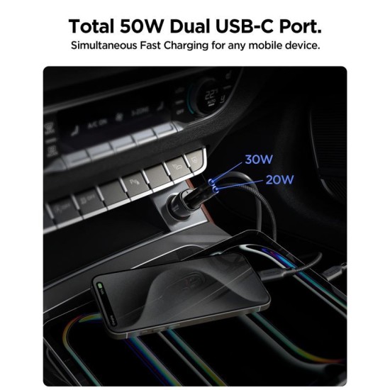 Incarcator auto Spigen EV502 ArcStation, 2x USB-C, 50W, Negru (Incarcatoare, ACP08523) by www.silkase.ro