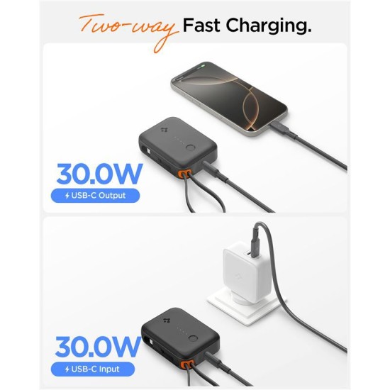Baterie externa Spigen Essential 10000 mAh 30W cu cablu integrat, neagra (Spigen, Ingredi) by www.silkase.ro Baterie externa Spigen Essential 10000 mAh 30W cu cablu integrat, neagra (Baterii Externe, ABA09023) by www.silkase.ro