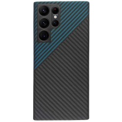 Husa fibra de carbon SILKASE pentru Samsung S22 Ultra, MagSafe, protectie camera metalica, aramid kevlar, albastru/negru Husa fibra de carbon SILKASE pentru Samsung S22 Ultra, MagSafe, protectie camera metalica, aramid kevlar, albastru/negru