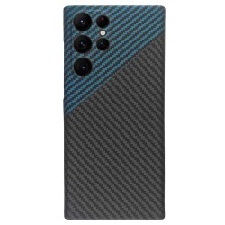Husa fibra de carbon SILKASE pentru Samsung S22 Ultra, protectie camera, aramid kevlar, albastru/negru