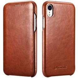 Husa iPhone XR, iCarer Vintage Curved, din piele, tip carte cu clapeta curbata, culoare Maro coniac