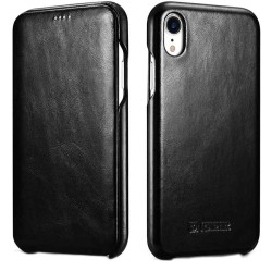 Husa iPhone XR, iCarer Vintage Curved, din piele, tip carte cu clapeta curbata, culoare Negru