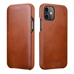 Husa iPhone 12 Mini, iCarer Vintage Curved, din piele, tip carte cu clapeta curbata, Maro coniac Husa iPhone 12 Mini, iCarer Vintage Curved, din piele, tip carte cu clapeta curbata, Maro coniac