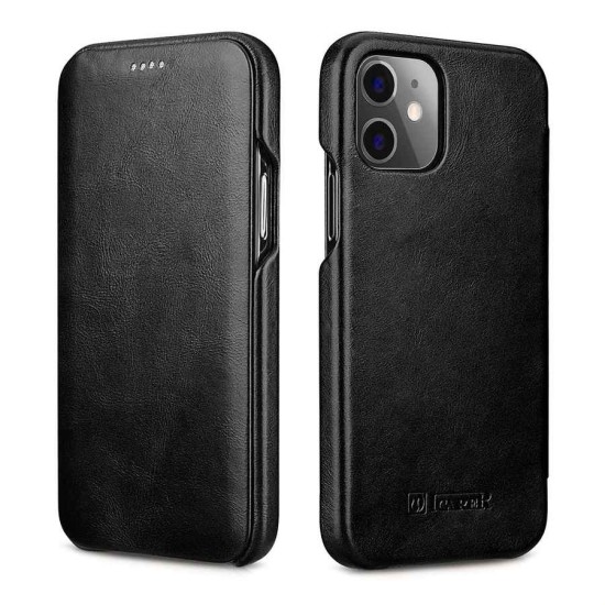 Husa iPhone 12 Mini, iCarer Vintage Curved, din piele, tip carte cu clapeta curbata, Negru (iPhone 12 Mini, H0870) by www.silkase.ro