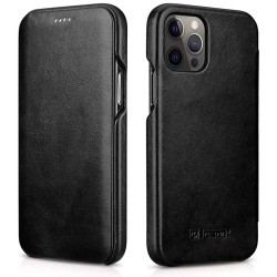 Husa iPhone 12 Pro Max, iCarer Vintage Curved, din piele, tip carte cu clapeta curbata, Negru