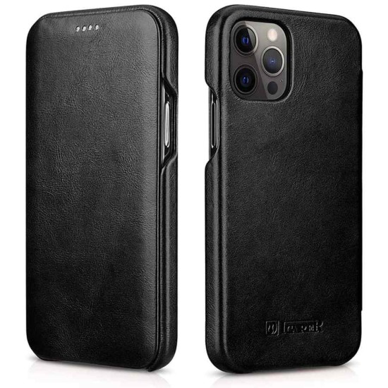 Husa iPhone 12 Pro Max, iCarer Vintage Curved, din piele, tip carte cu clapeta curbata, Negru (iPhone 12 Pro Max, H0872) by www.silkase.ro