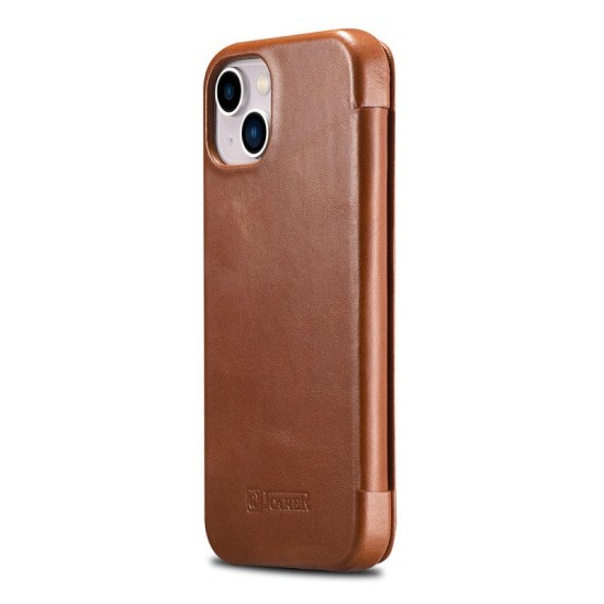 Husa flip iCarer, pentru Apple iPhone 13 Pro, din piele, tip carte cu clapeta curbata, Maro coniac (iPhone 13 Pro, H1018) by www.silkase.ro