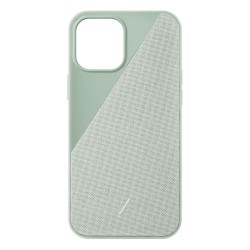 Husa telefon Native Union, Clic Canvas, compatibila iPhone 12 Pro Max, cu accente din tesatura Premium, compatibila incarcatoare wireless, gri-verzui
